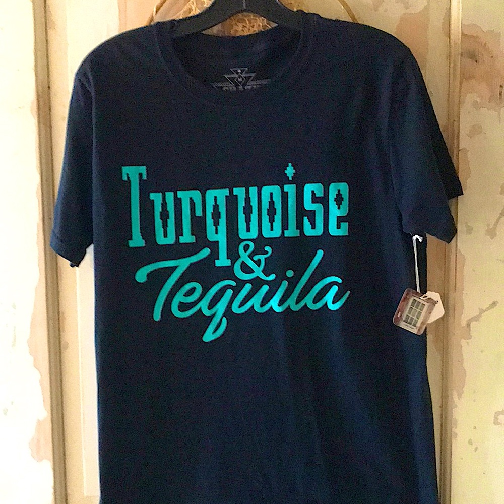 Turquoise, black short sleeve t-shirt